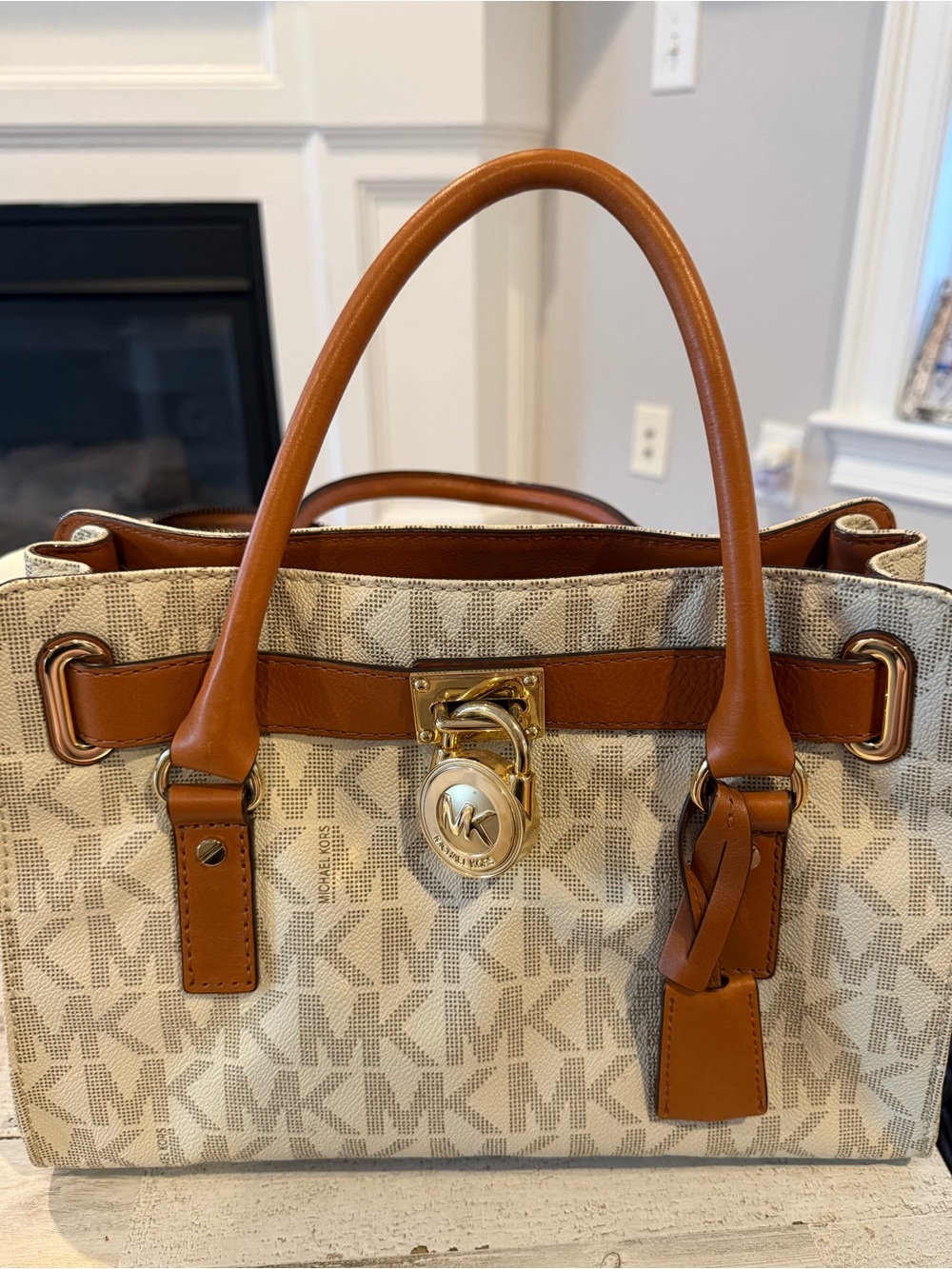 Michael Kors Vanilla MK Logo Satchel with Acorn Trim